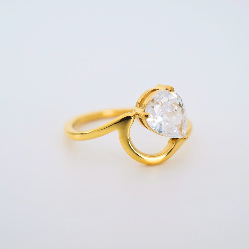 Andrea Pear Cut Clear Crystal Asymmetrical 18K Gold Plated Ring - Picture 4 of 6